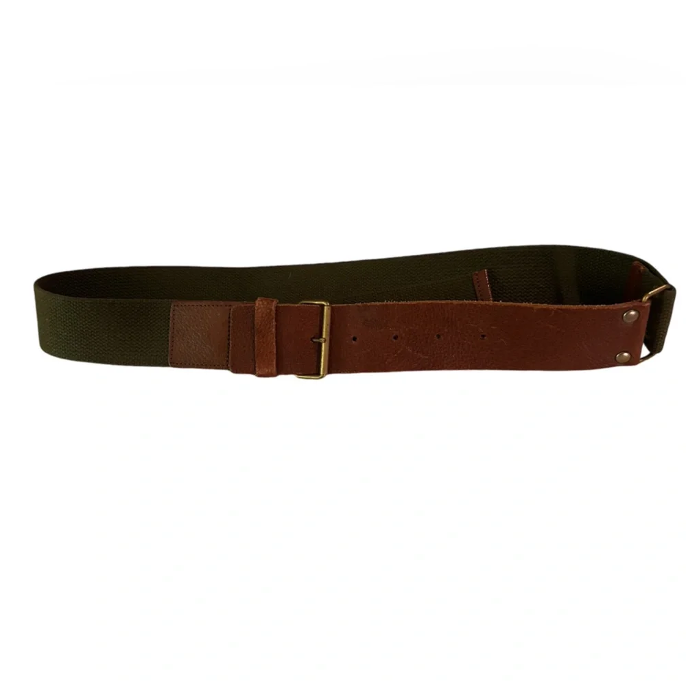 Women’s Brown Leather/Corded Olive Fabric Belt , Very Fashionable, New